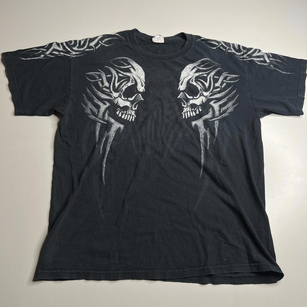 Vintage y2k rap Skull Tribal Graphic T-Shirt Gildan Heavy Cotton Black Size L